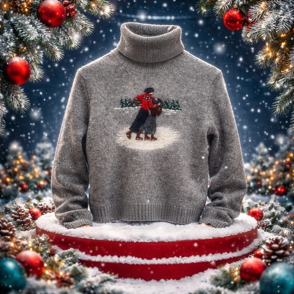 Ralph Lauren Vintage Lambswool Turtleneck Sweater Gray LP Ice Skating - Picture 11 of 12